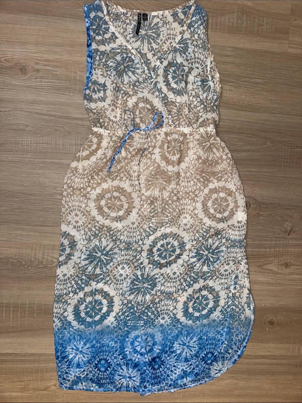 Sleeveless Blue and Tan Tie-Dye Swim Coverup Dress